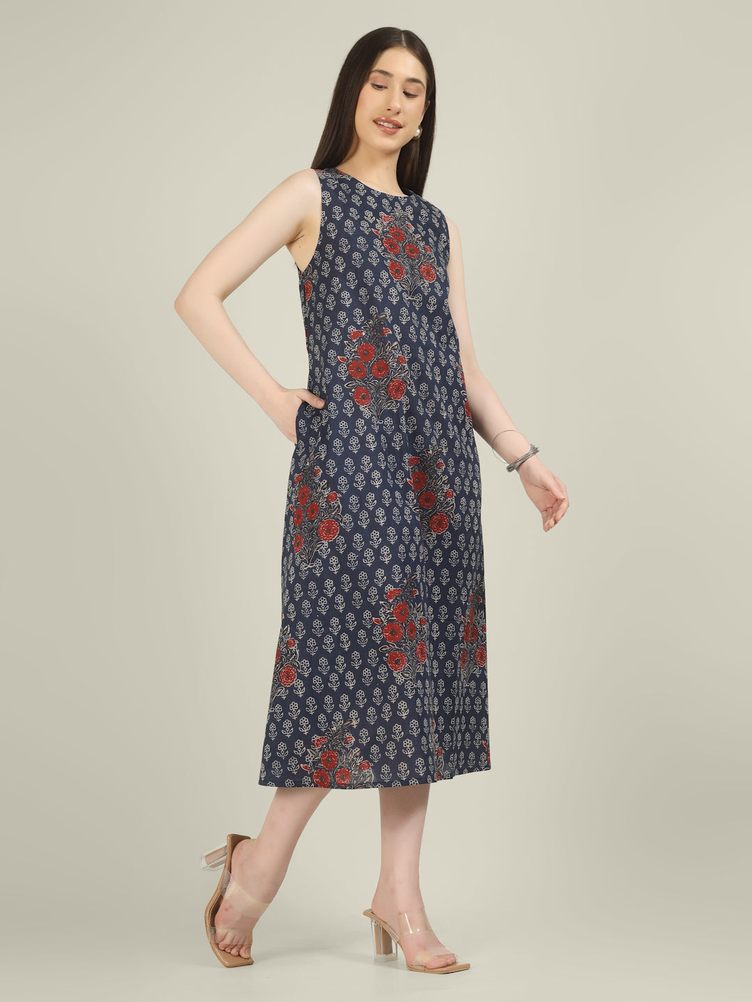 Navy Blue Printed Sleeveless A-Line Cotton Dress