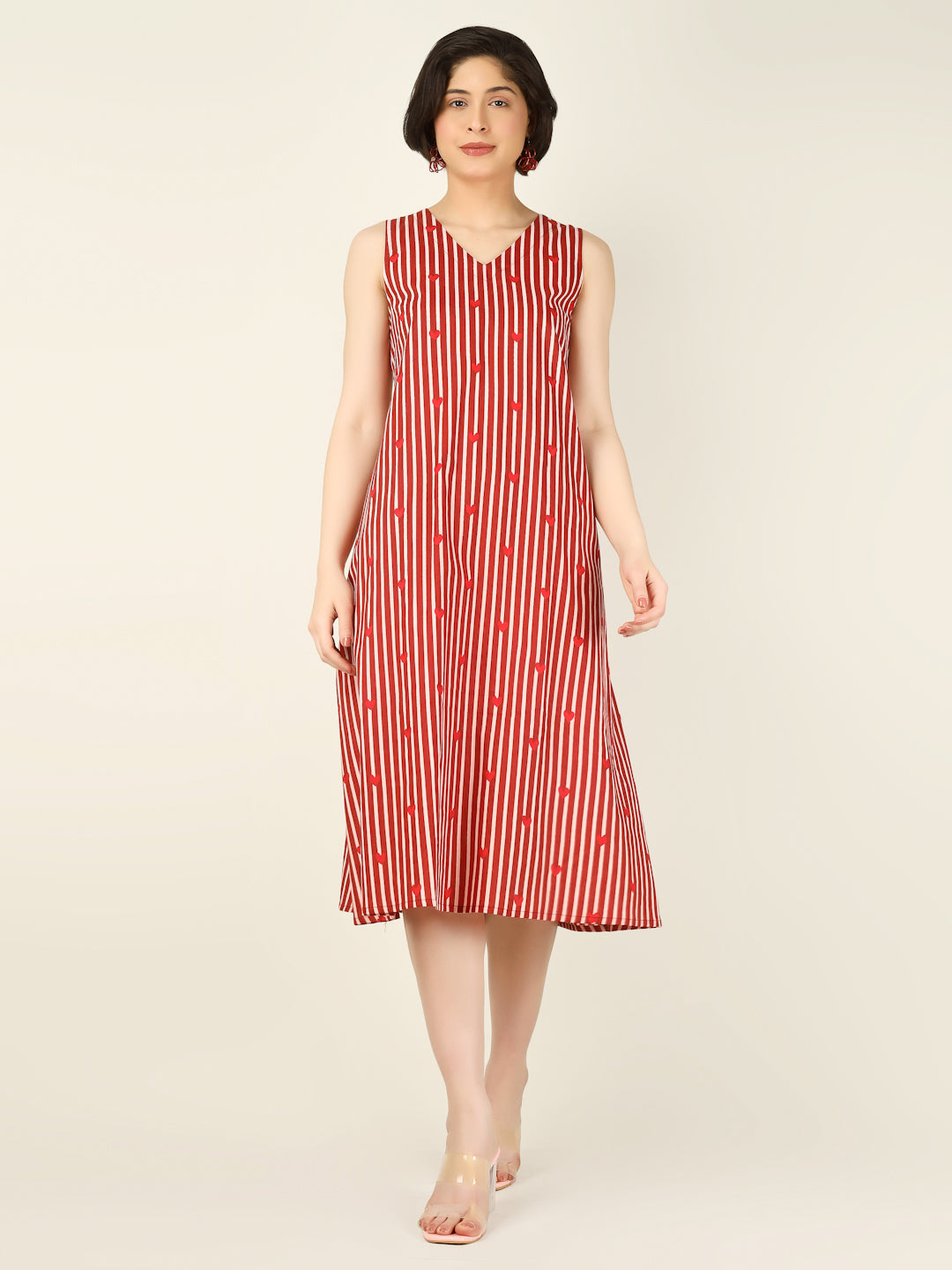 Red Striped Sleeveless V-Neck A-Line Cotton Dress