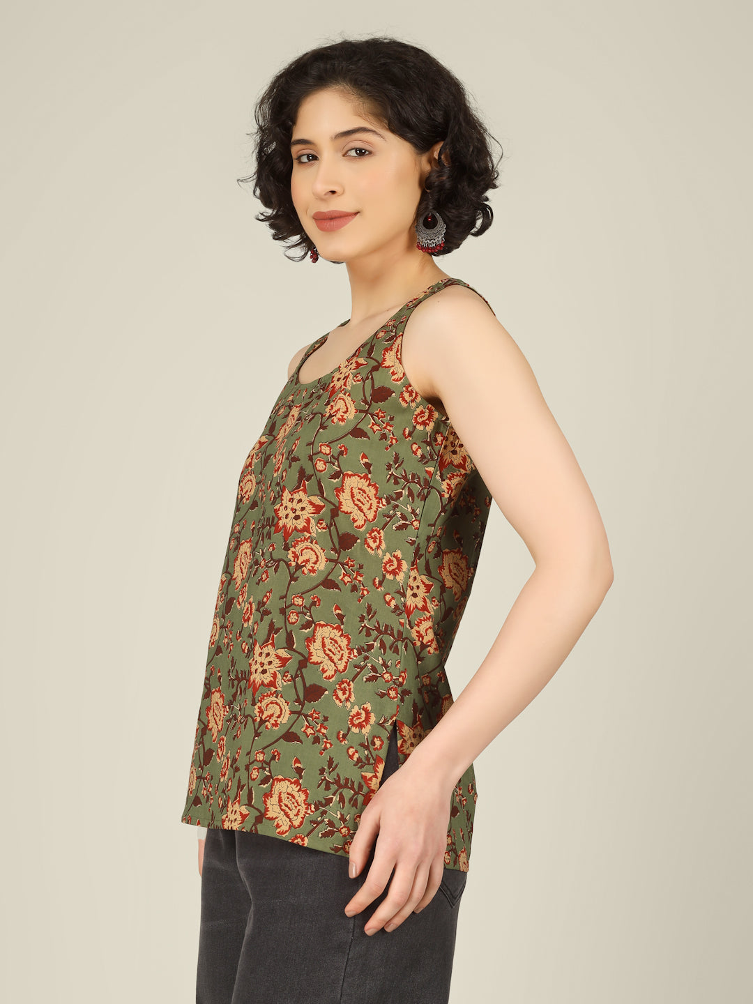 Green Printed Round Neck Sleeveless Cotton Top