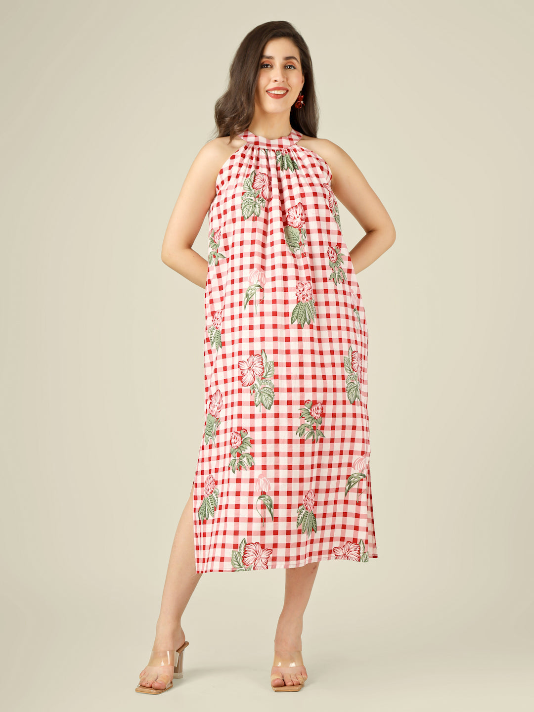White Checked Halter Neck Long Sleeveless Cotton Dress
