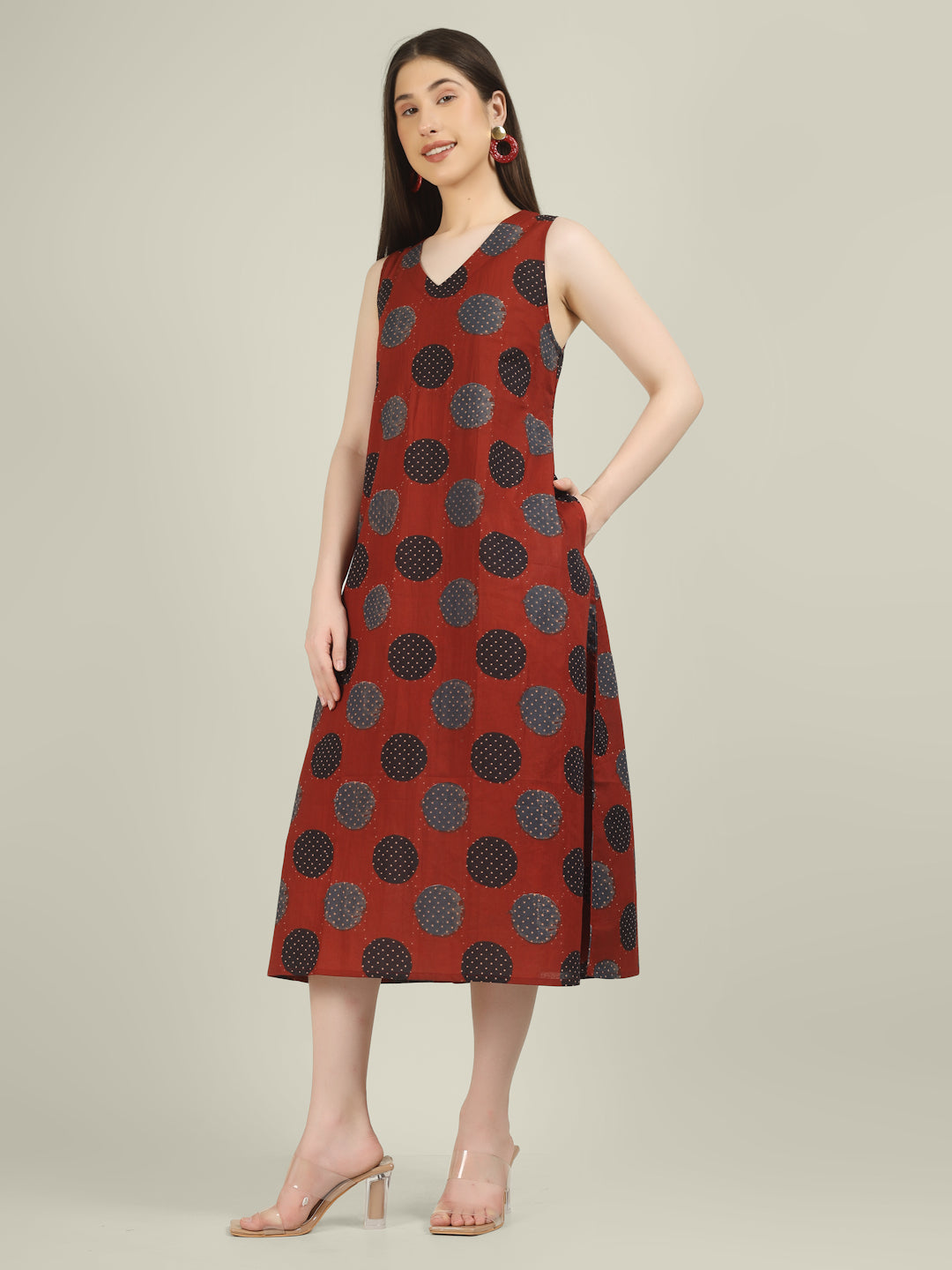 Maroon Printed V-Neck Sleeveless A-Line Cotton Dress
