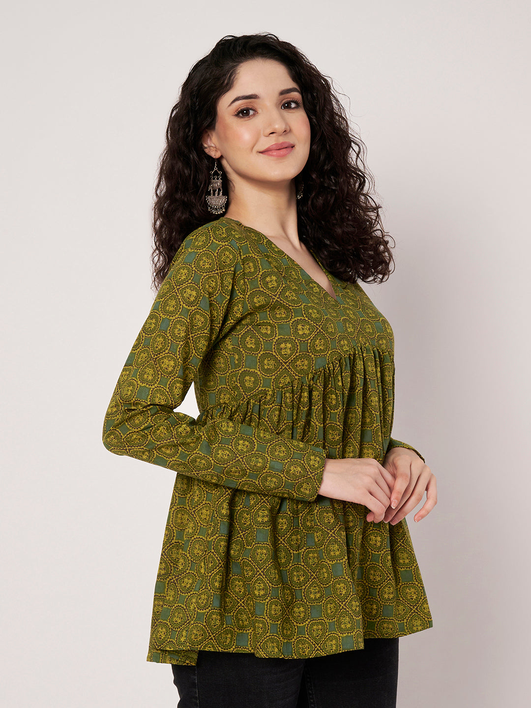 Green Printed Alia-Cut Cotton Top