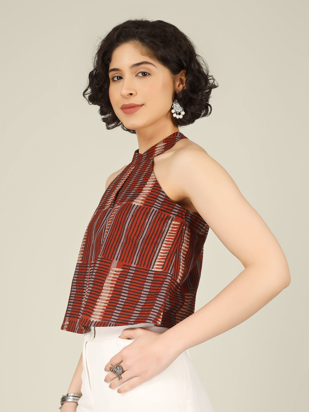 Rust Printed Halter Neck Sleeveless Cotton Top