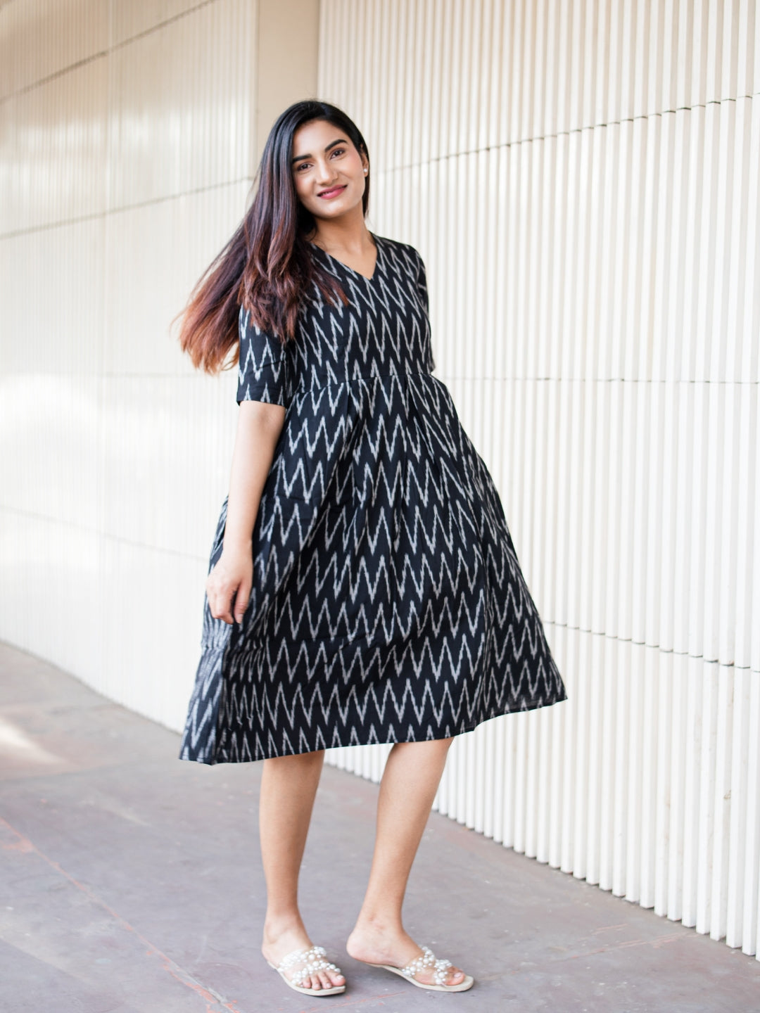 Handloom Cotton Black Ikkat Dress