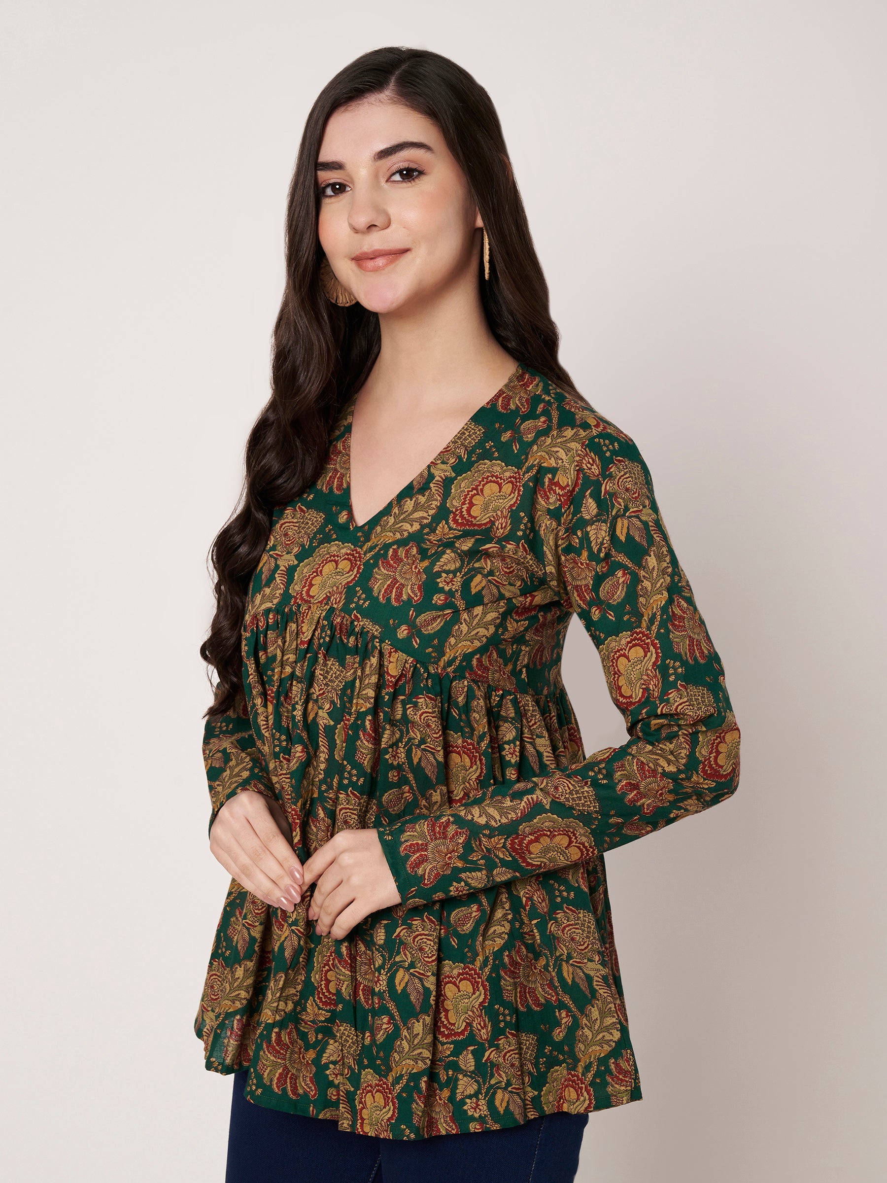 Dark Green Printed Alia-Cut Cotton Top