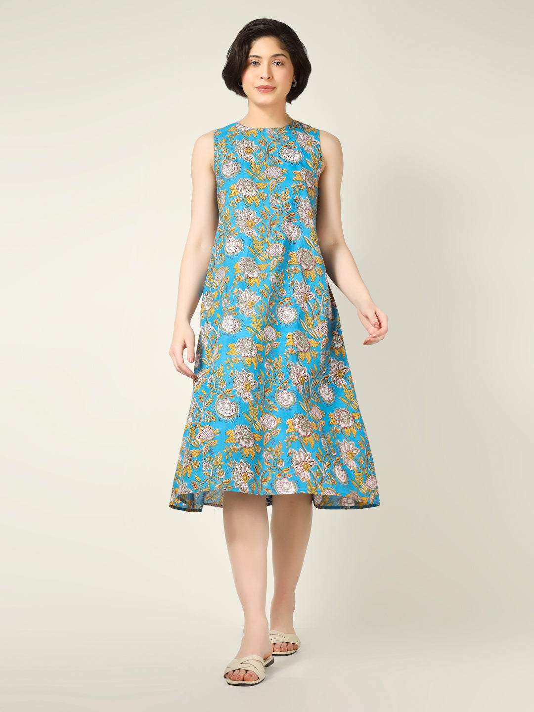 Sky Blue Printed Sleeveless A-Line Cotton Dress