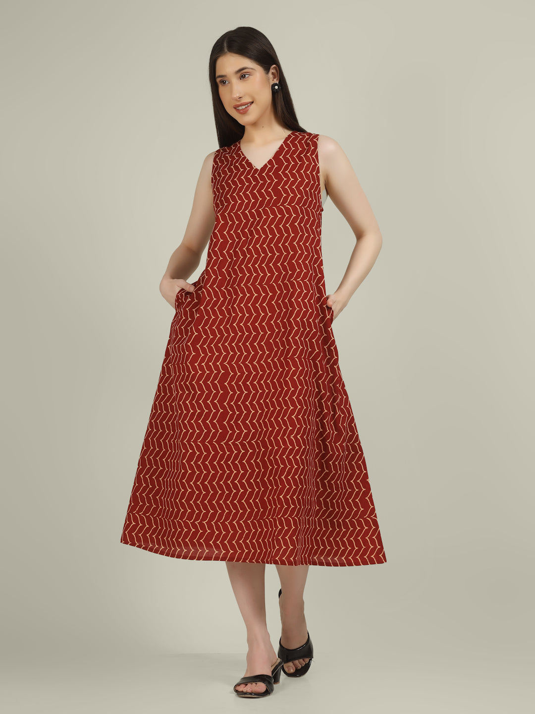 Rust Printed V-Neck Sleeveless A-Line Cotton Dress