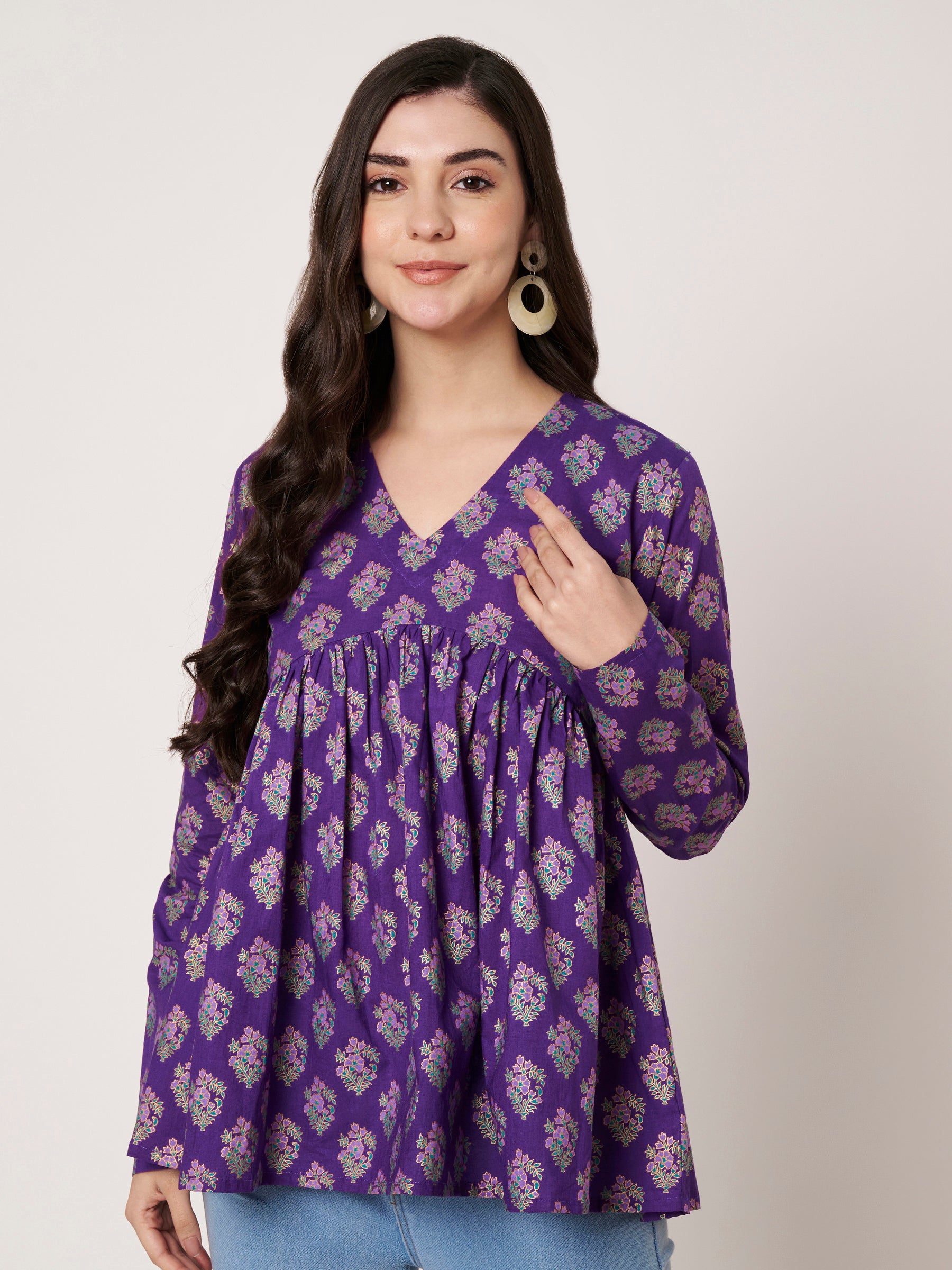 Purple Printed Alia-Cut Cotton Top