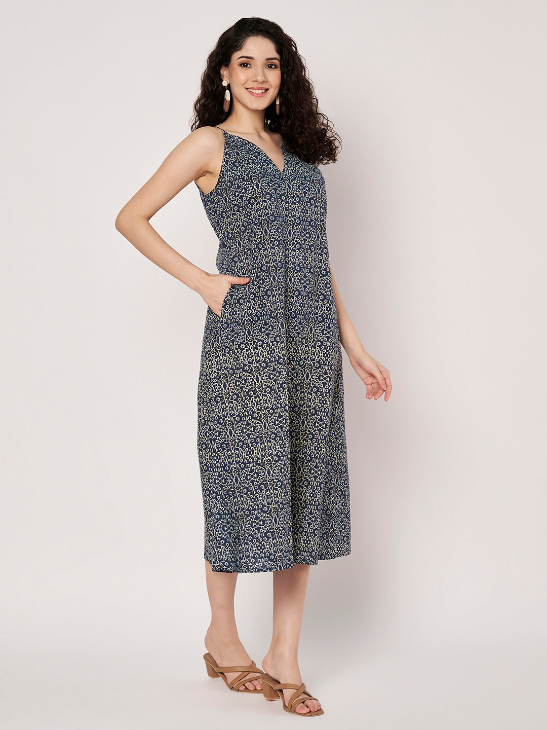 Blue Printed Sleeveless A-Line Cotton Dress