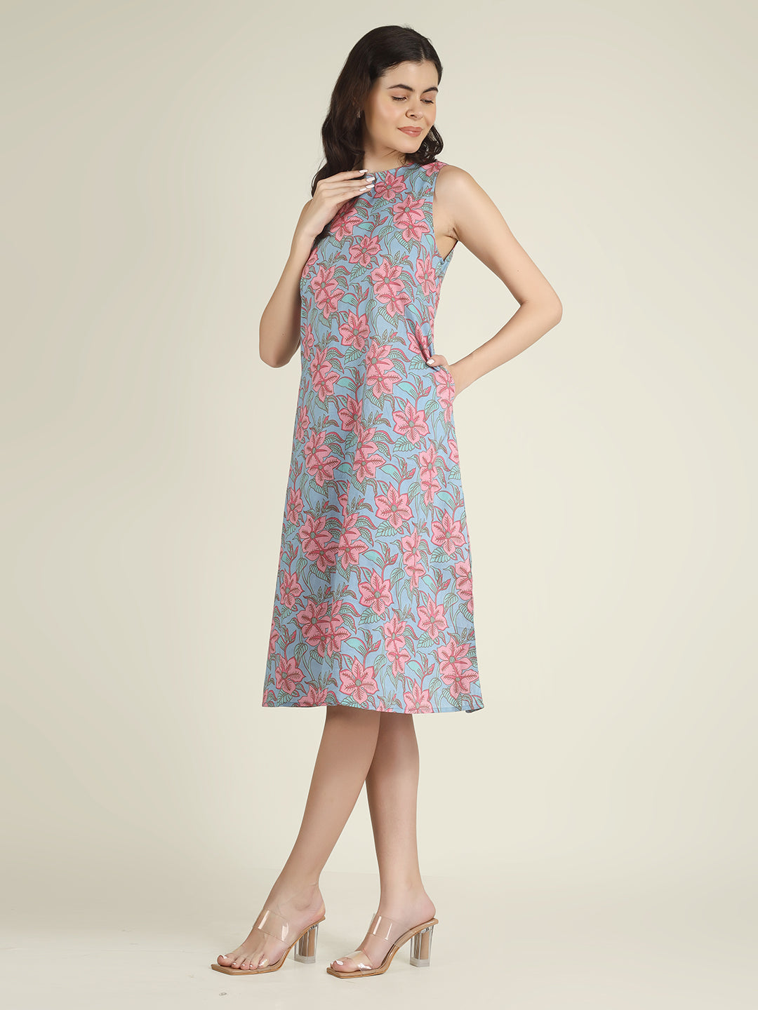 Sky Blue Printed Sleeveless A-Line Cotton Dress