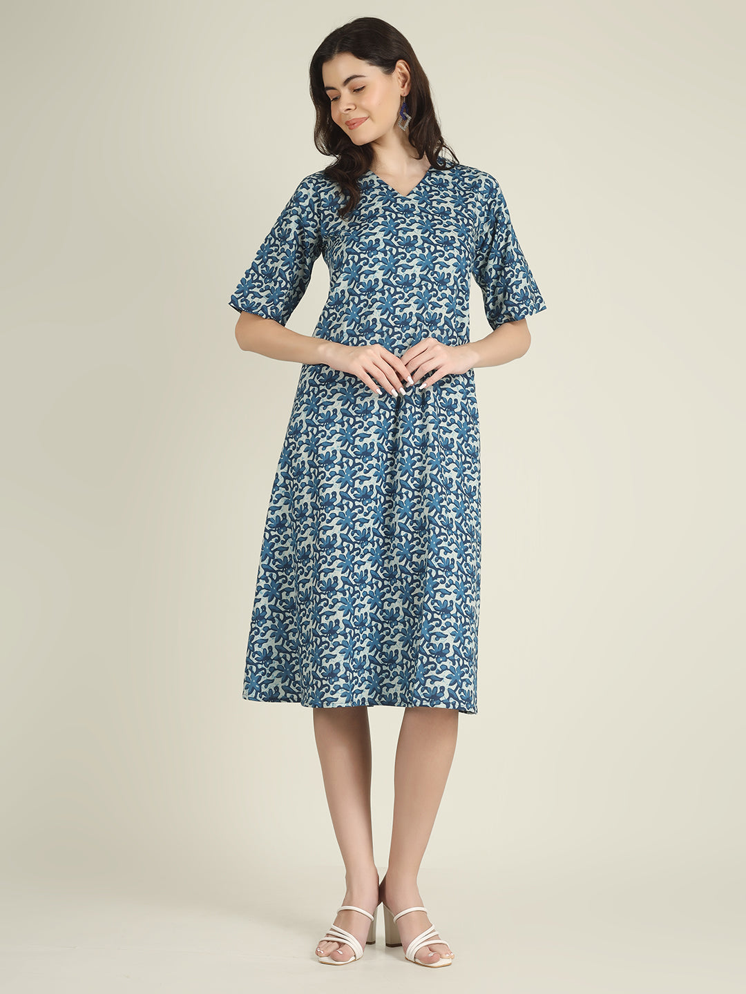 Blue Printed Half-Sleeve A-Line Cotton Dress
