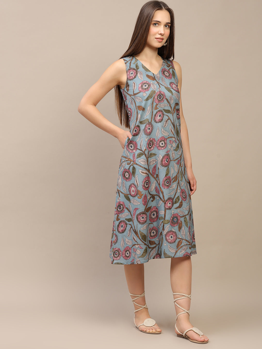 Slate Blue Printed V-Neck Sleeveless A-Line Cotton Dress