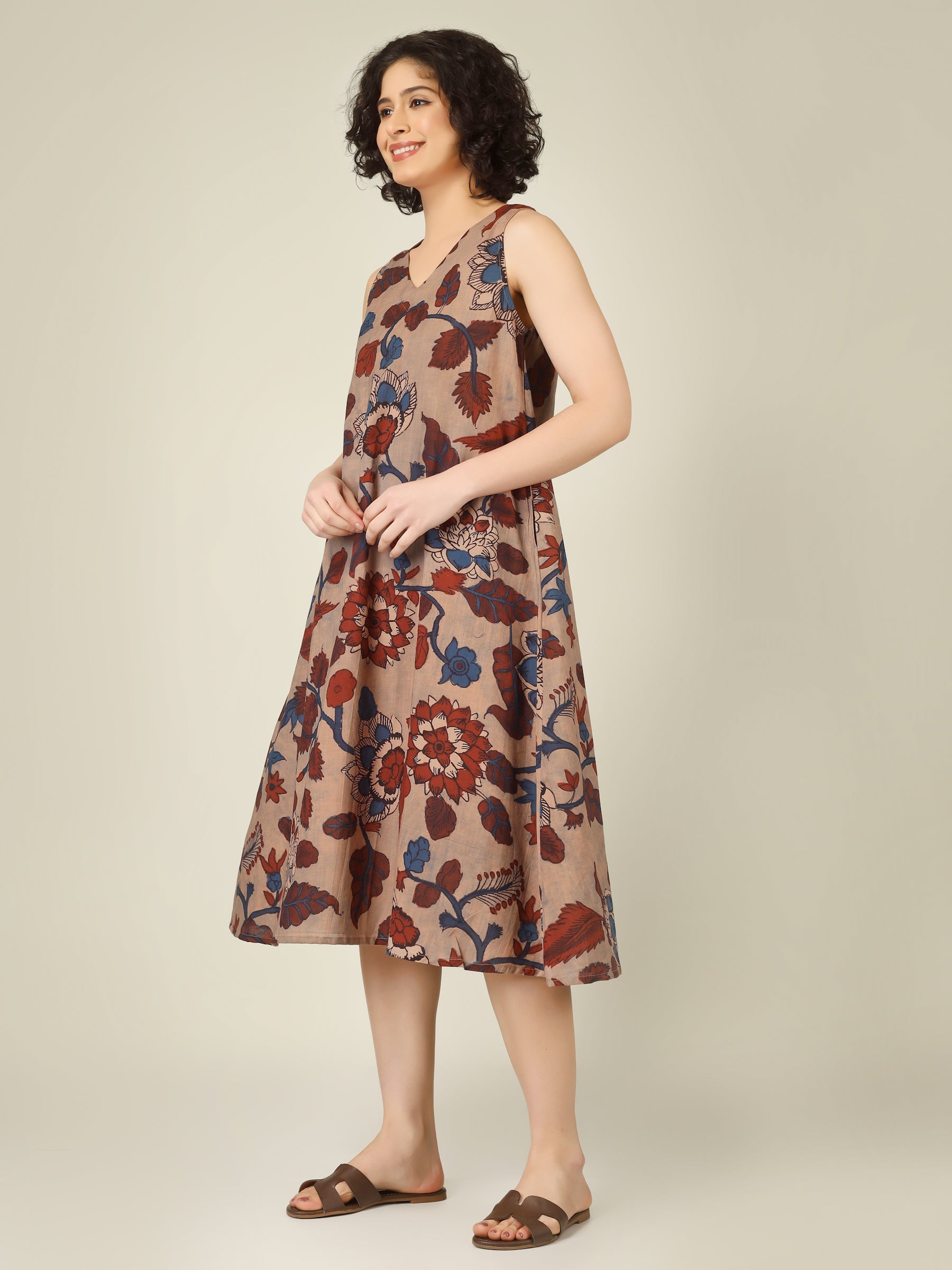 Beige Printed V-Neck Sleeveless A-Line Cotton Dress