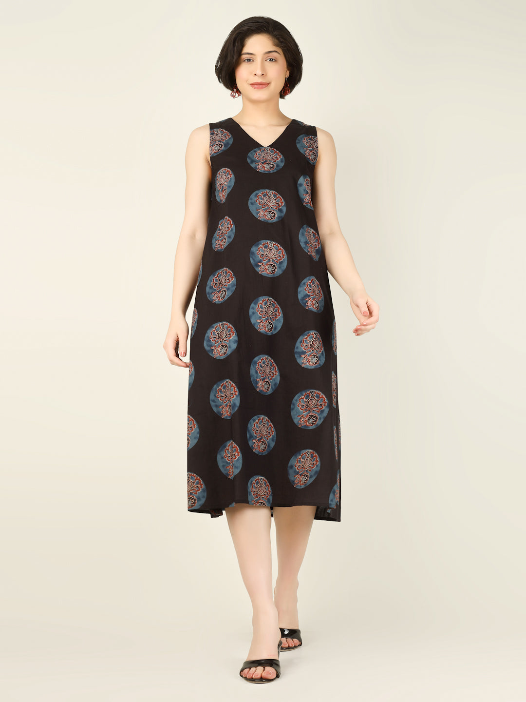 Black Printed Sleeveless V-Neck A-Line Cotton Dress