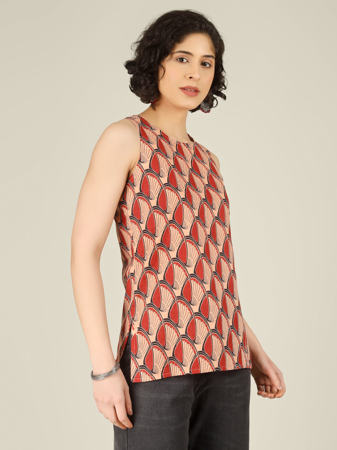 Red Printed Round Neck Sleeveless Cotton Top