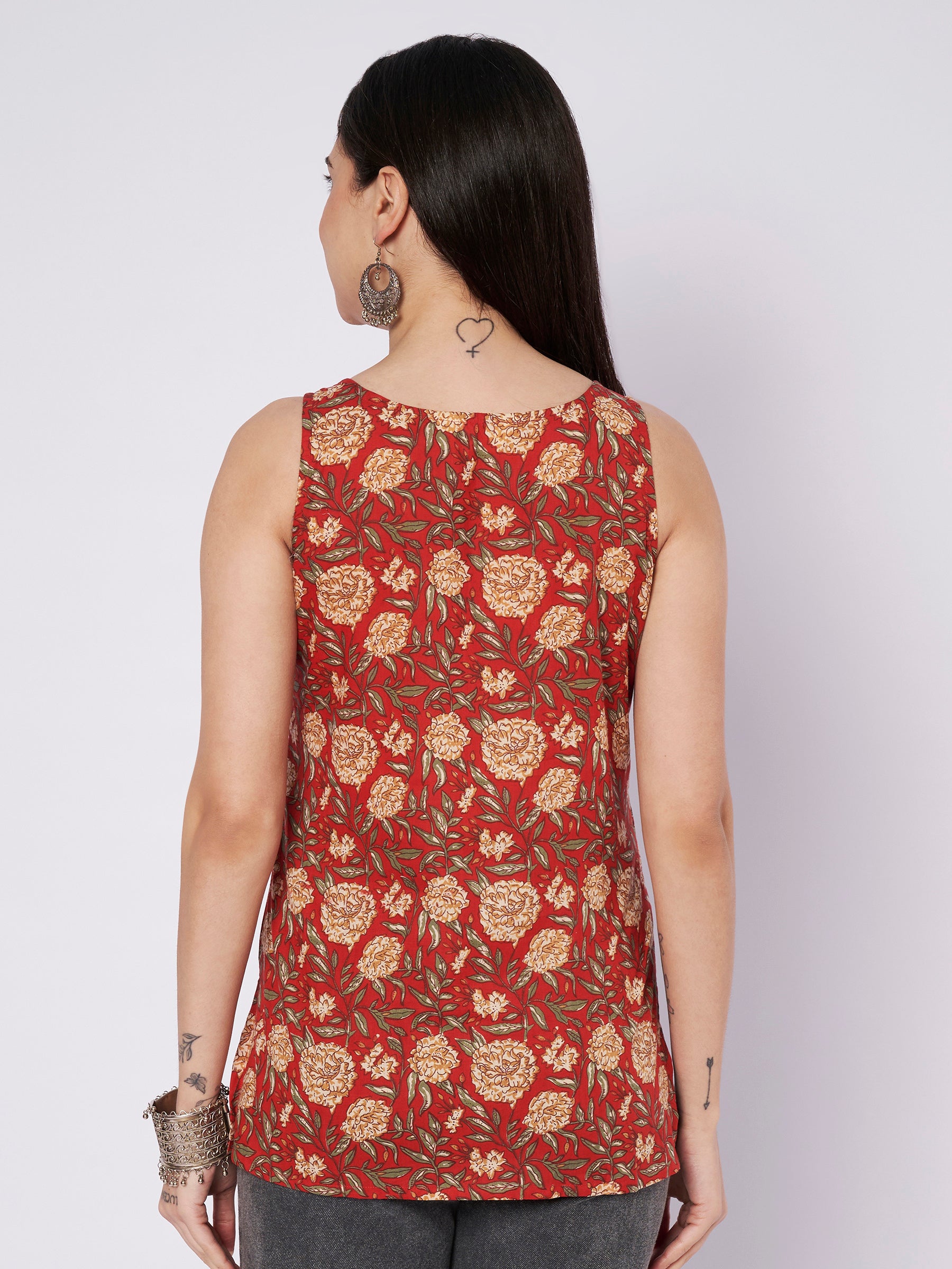 Maroon Printed Sleeveless Cotton Top