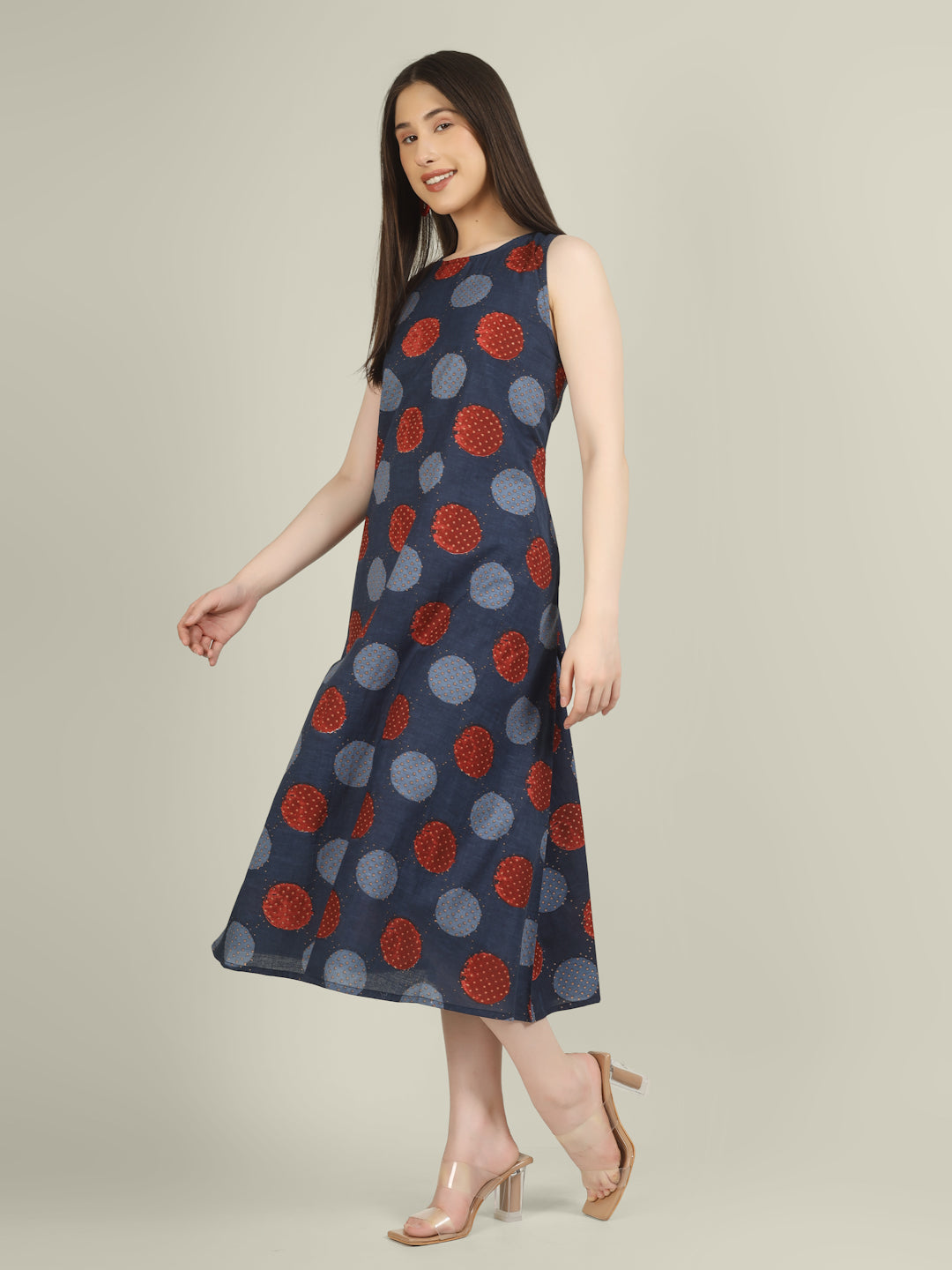 Blue Printed Sleeveless A-Line Cotton Dress