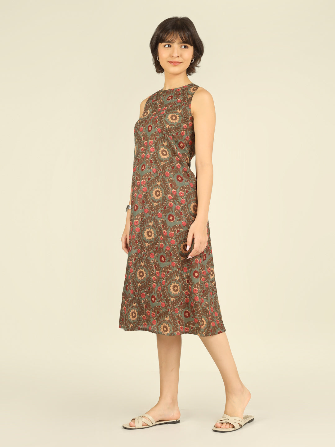 Green Printed Sleeveless A-Line Cotton Dress