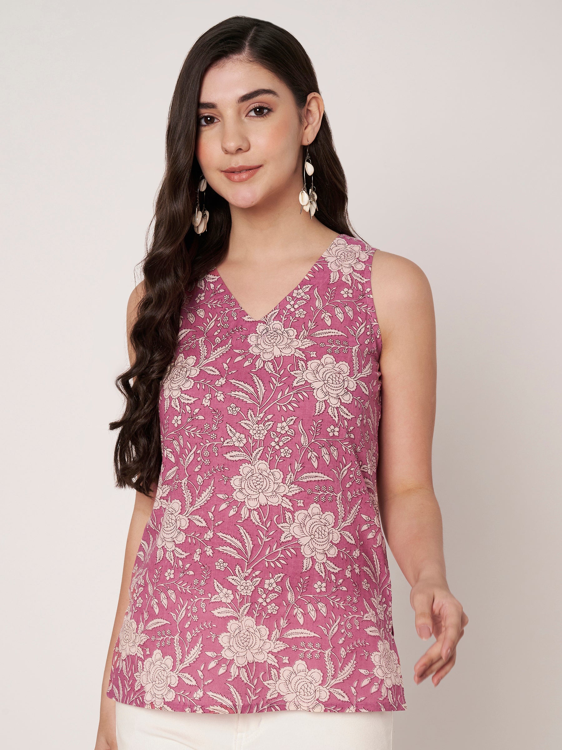 Pink Printed Sleeveless V-Neck Cotton Top