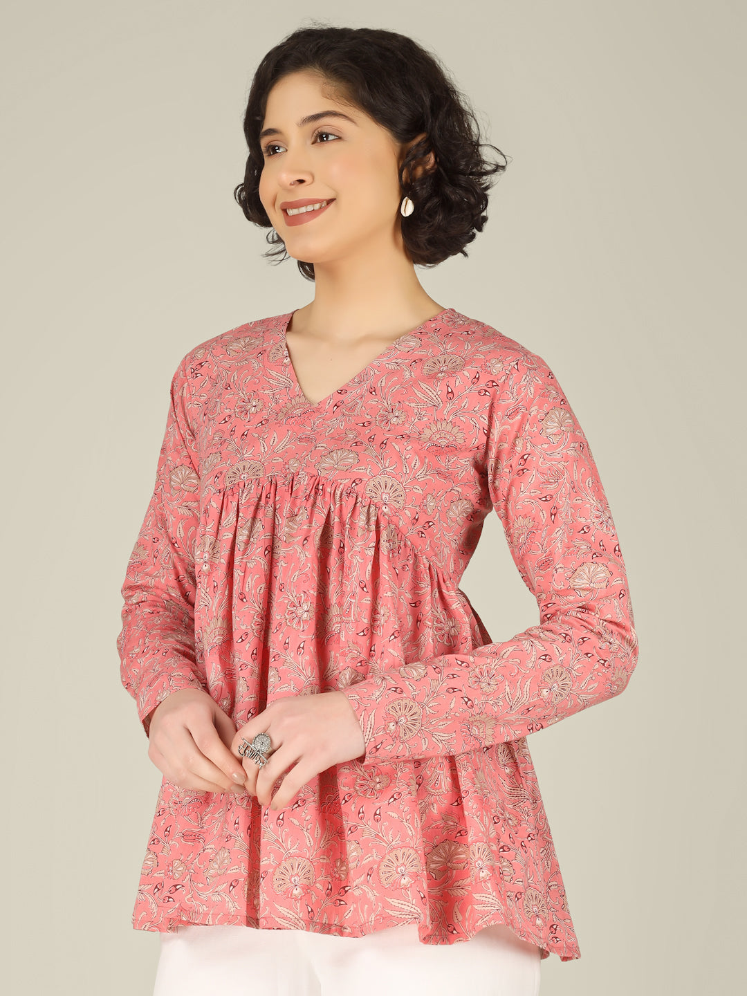 Peach Printed Alia-Cut Cotton Top