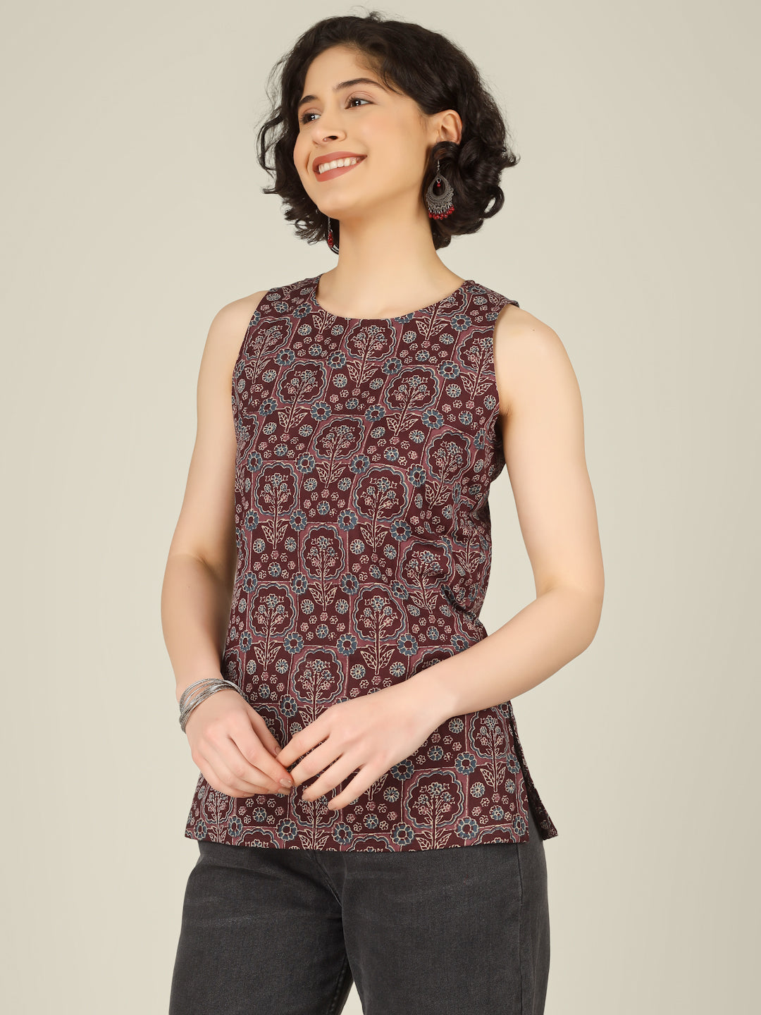 Brown Printed Round Neck Sleeveless Cotton Top