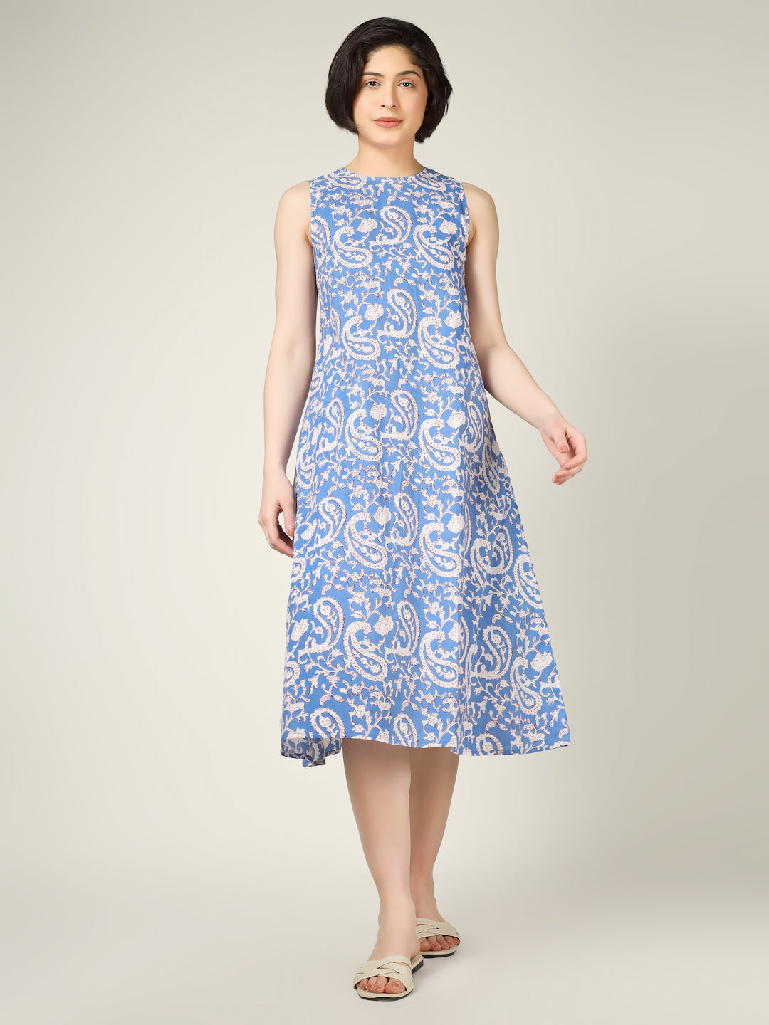 Lavender Printed Sleeveless A-Line Cotton Dress