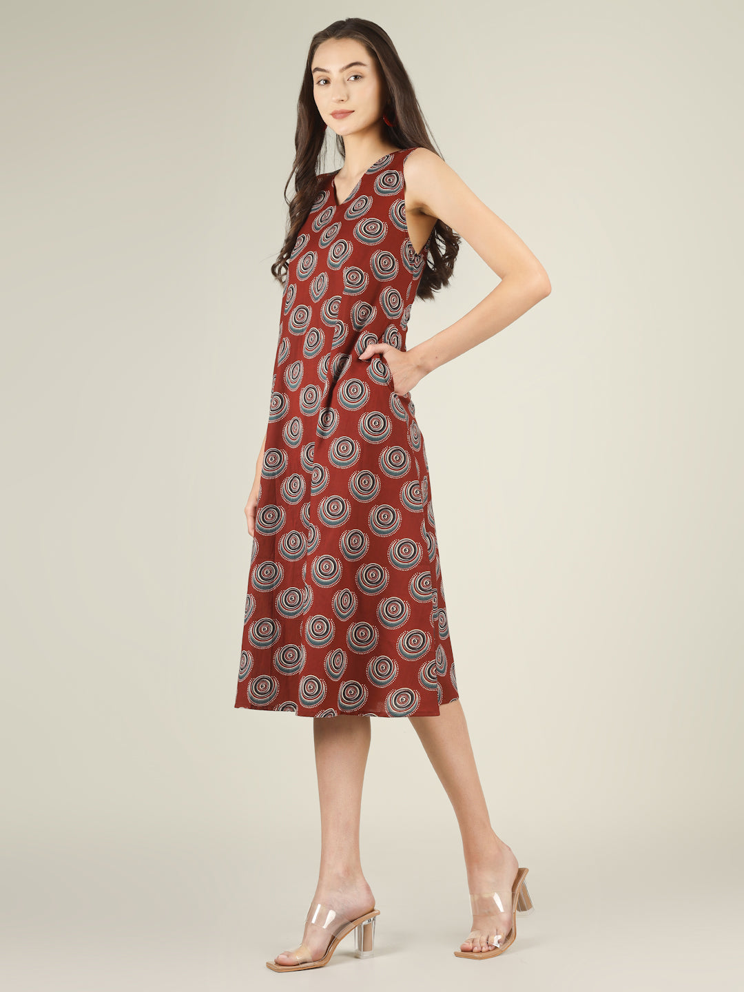 Maroon Printed V-Neck Sleeveless A-Line Cotton Dress