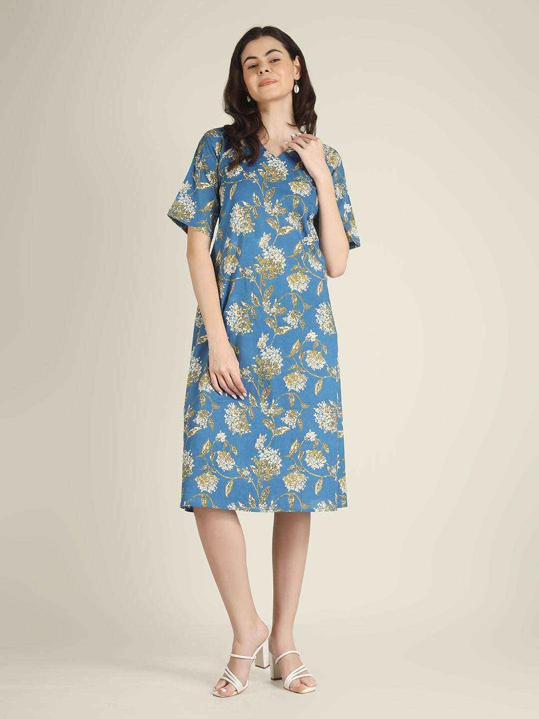 Blue Printed Half-Sleeve A-Line Cotton Dress
