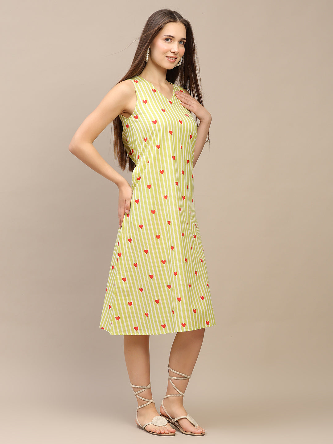 Light Green Striped V-Neck Sleeveless A-Line Cotton Dress