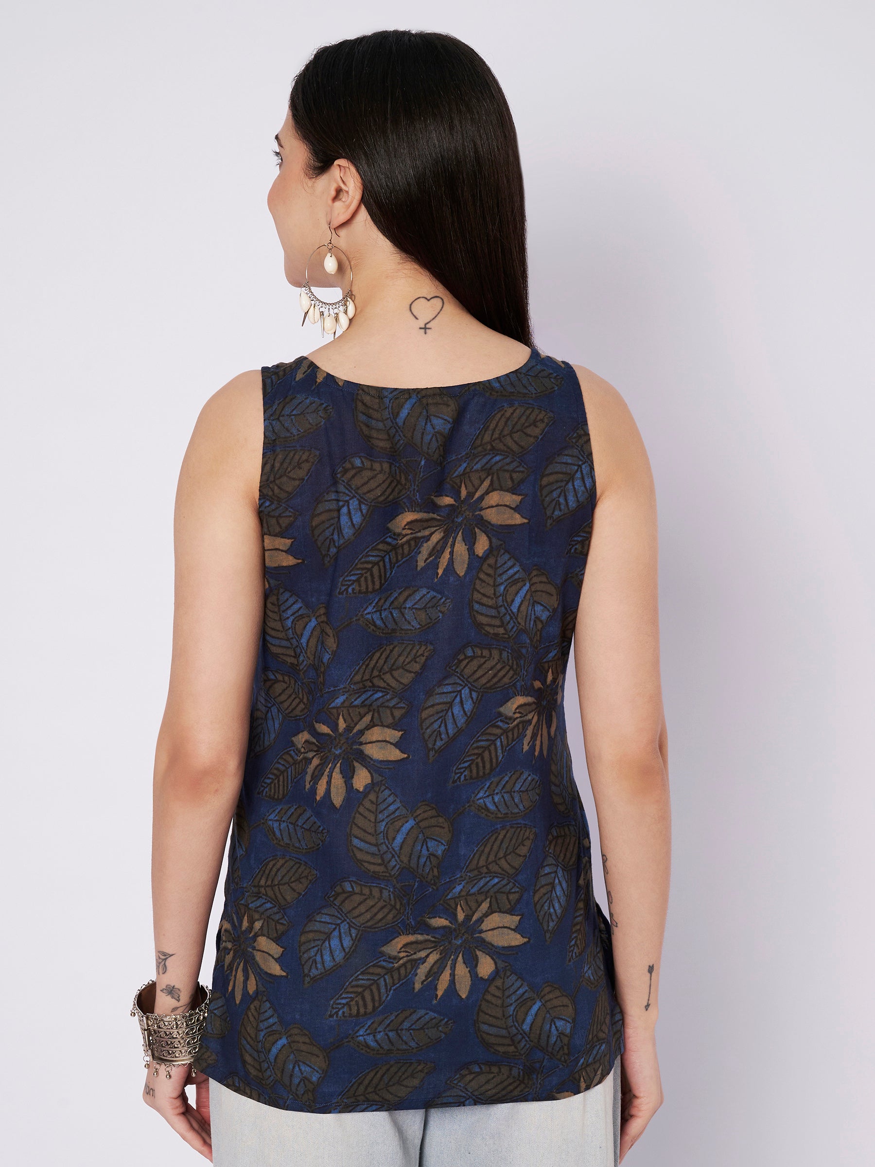 Dark Blue Printed Sleeveless Cotton Top