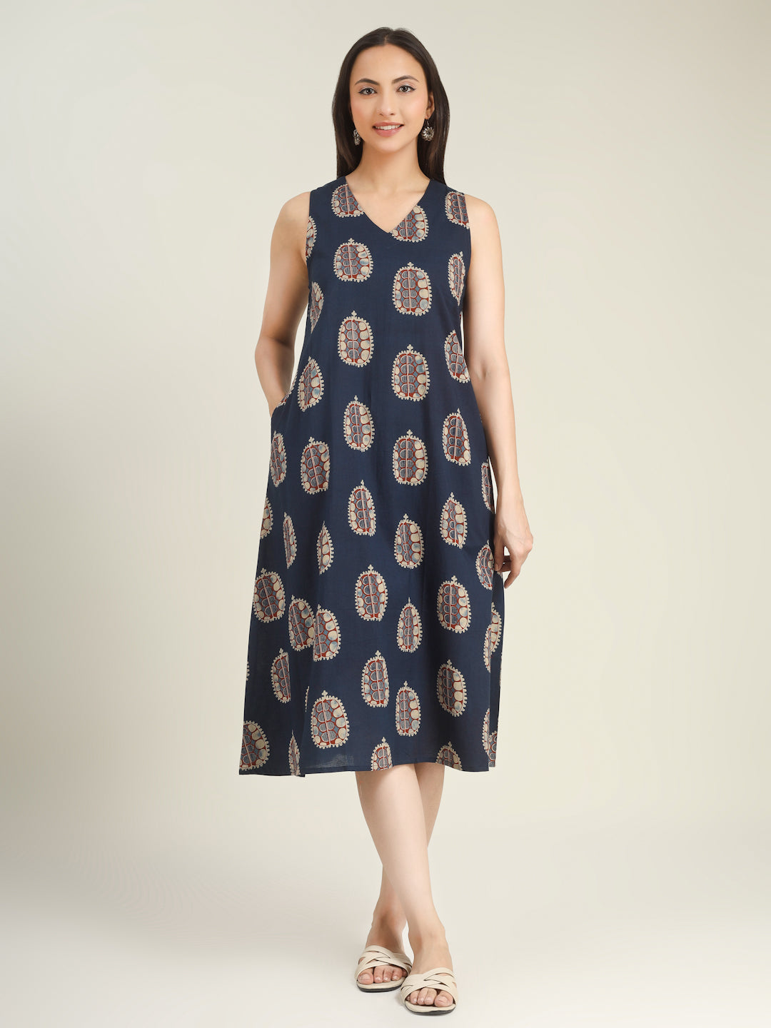 Blue Printed Sleeveless V-Neck A-Line Cotton Dress