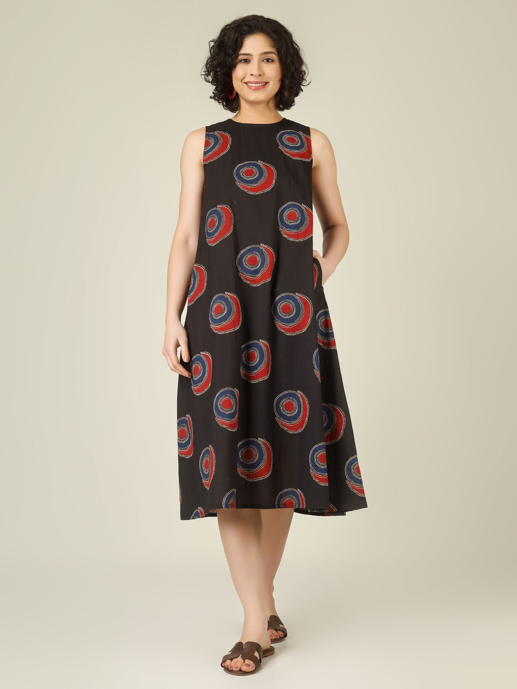 Black Printed Sleeveless A-Line Cotton Dress