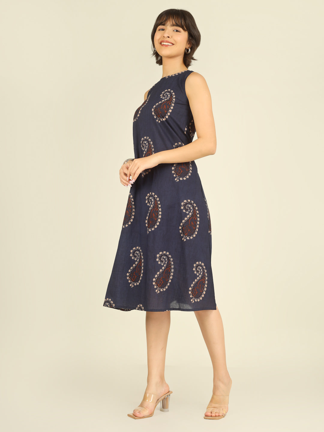 Navy Blue Printed Sleeveless A-Line Cotton Dress