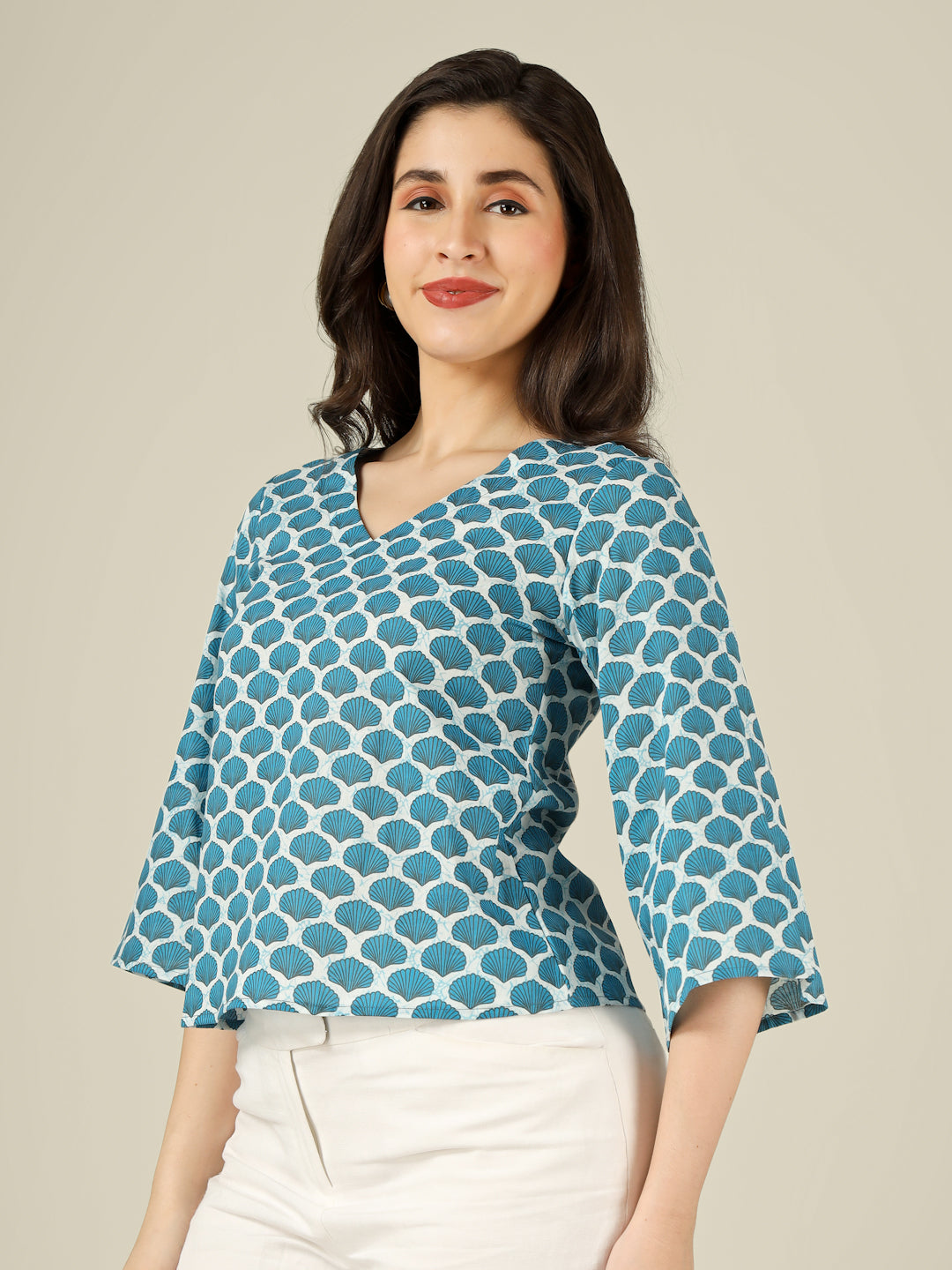 Blue Printed Straight Bell-Sleeves Top