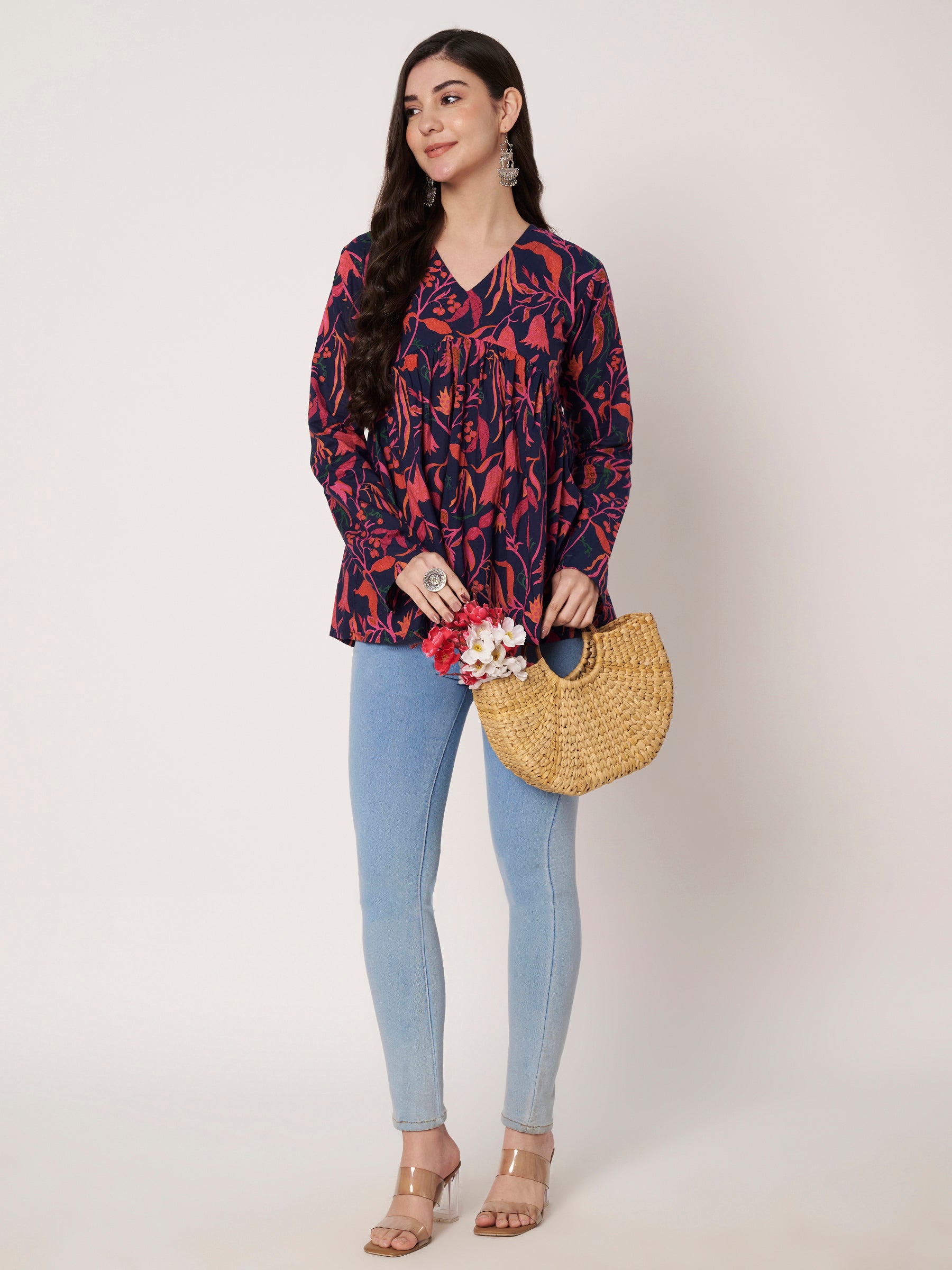 Dark Blue Printed Alia-Cut Cotton Top