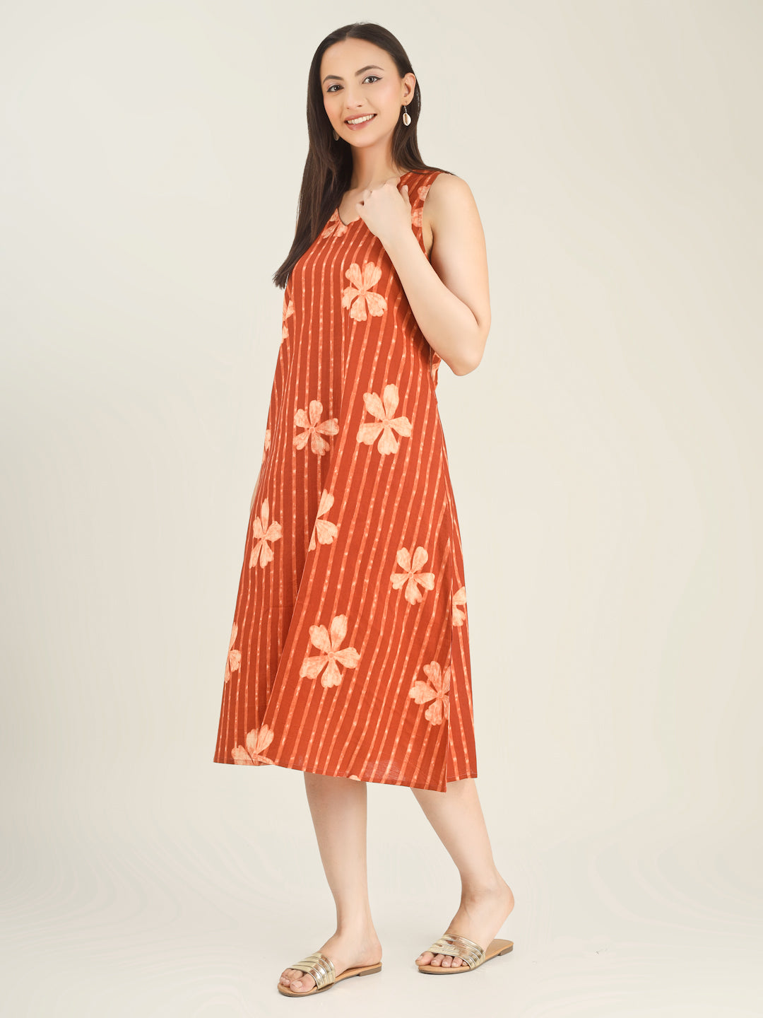 Orange Printed Sleeveless V-Neck A-Line Cotton Dress