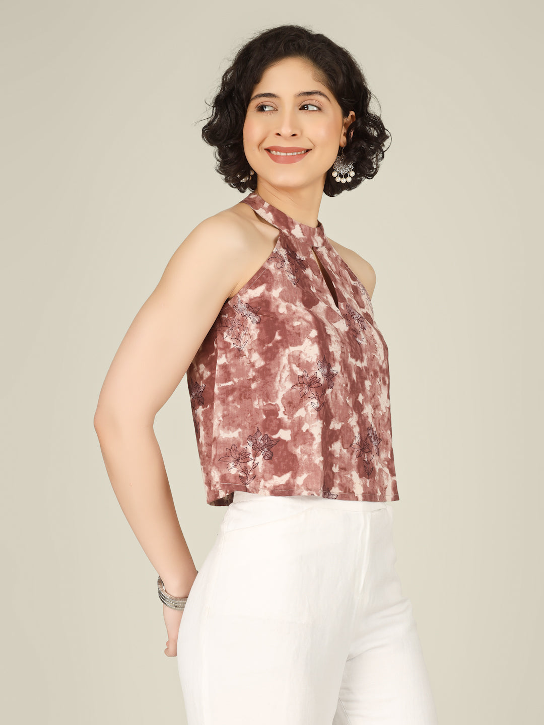 Brownish Red Printed Halter Neck Sleeveless Cotton Top