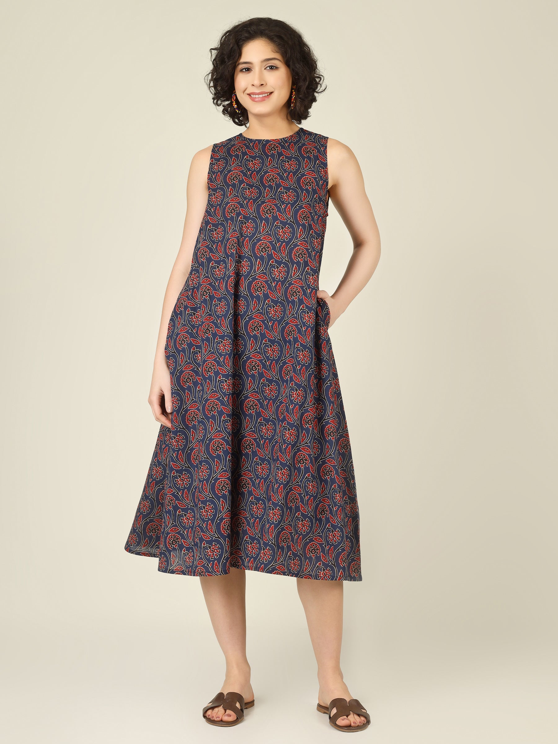 Navy Blue Printed Sleeveless A-Line Cotton Dress