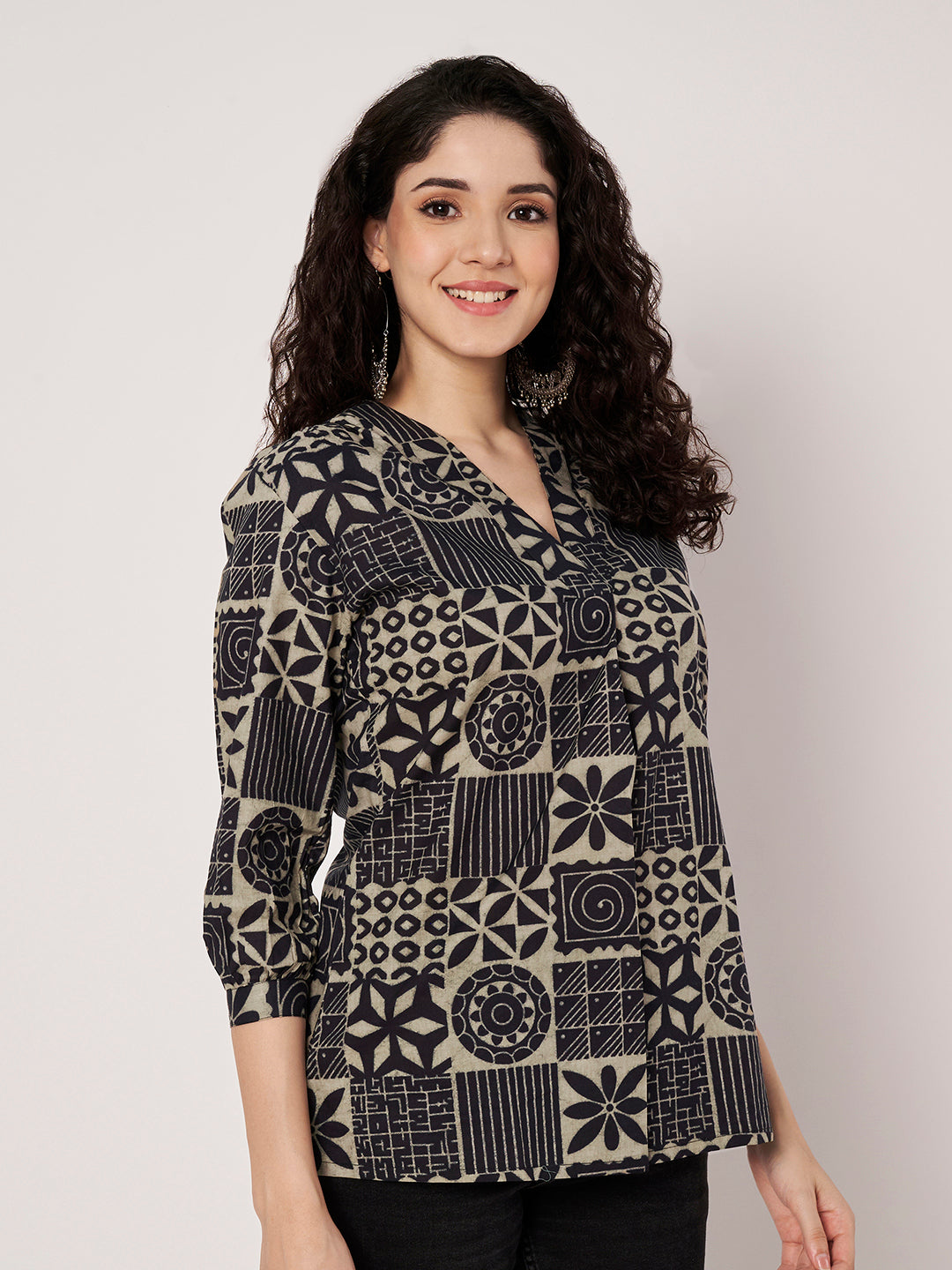 Navy Blue Printed V-Neck Cotton Top