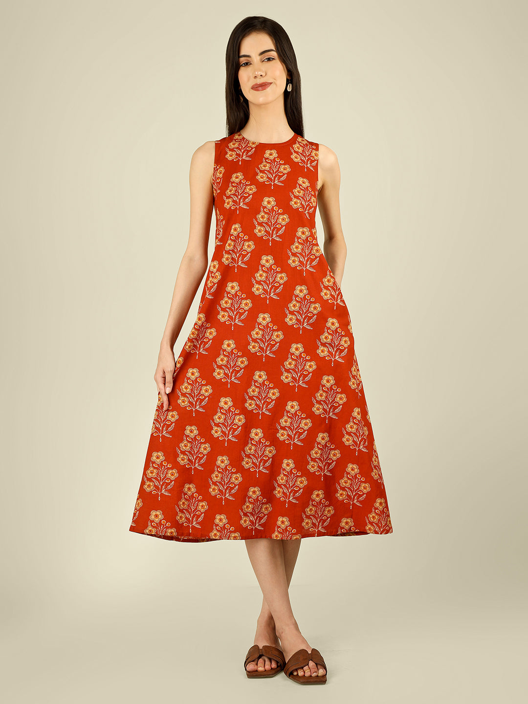 Orange Printed Sleeveless A-Line Cotton Dress