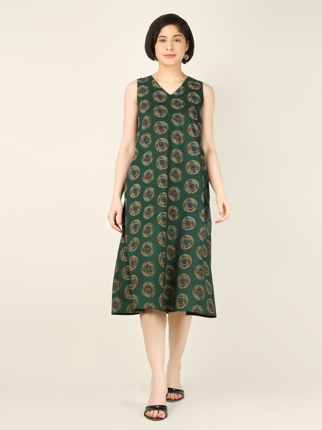 Dark Green Printed Sleeveless V-Neck A-Line Cotton Dress