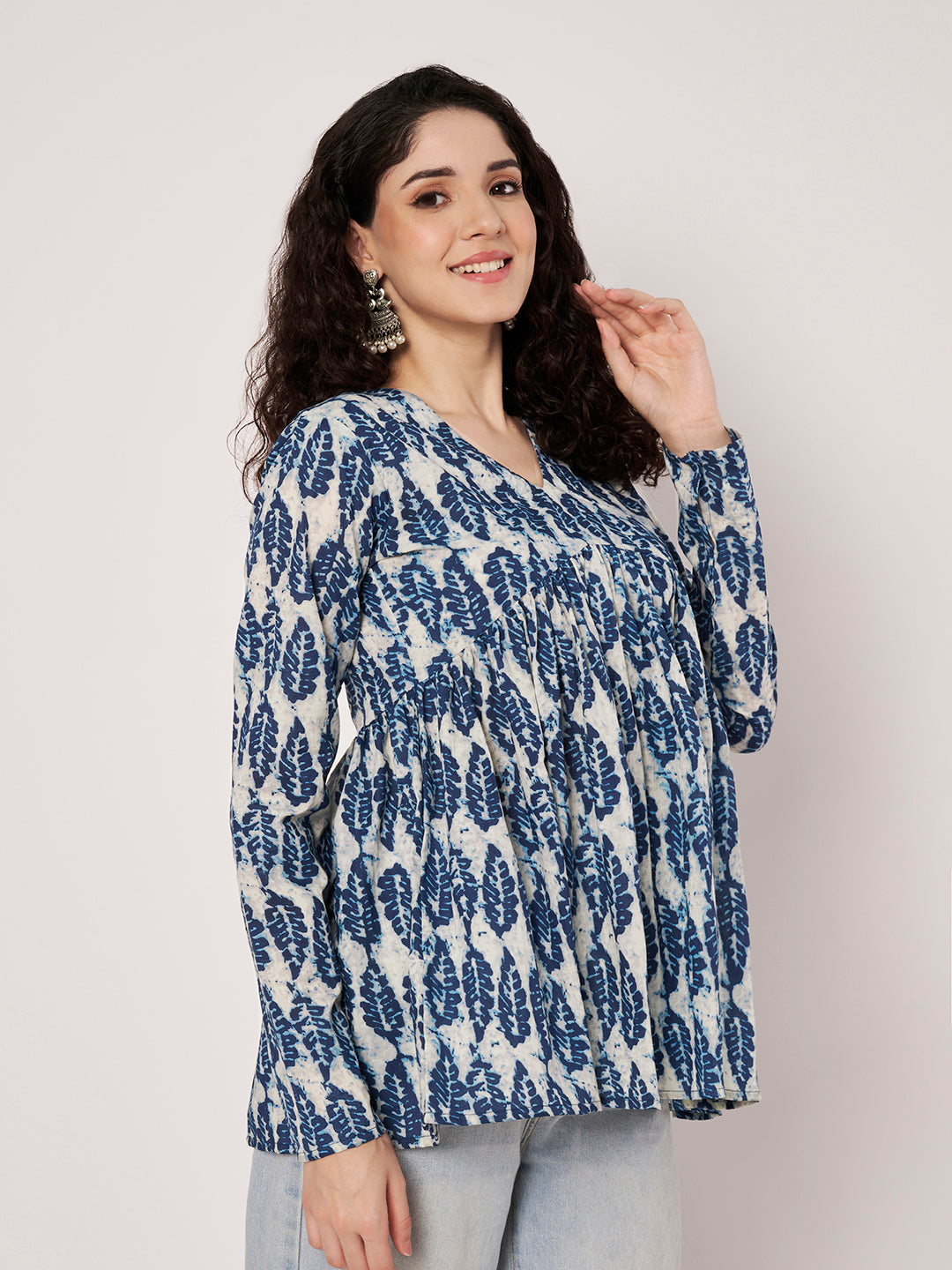 White & Blue Printed Alia-Cut Cotton Top