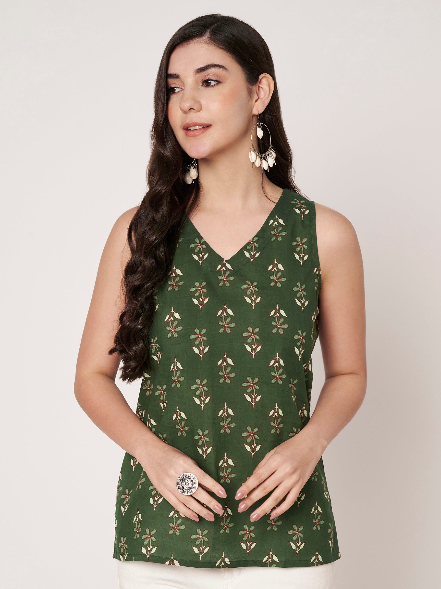 Green Printed Sleeveless V-Neck Cotton Top