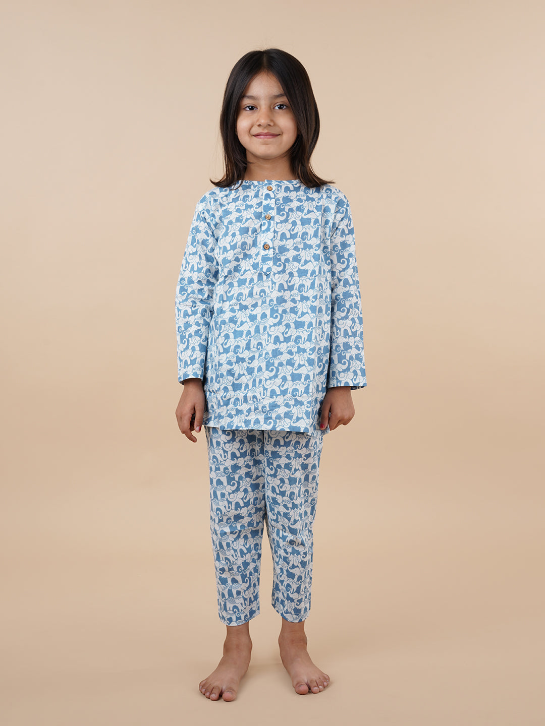 White and Blue Elephant Print Kids Cotton Kurta Pyjama Set