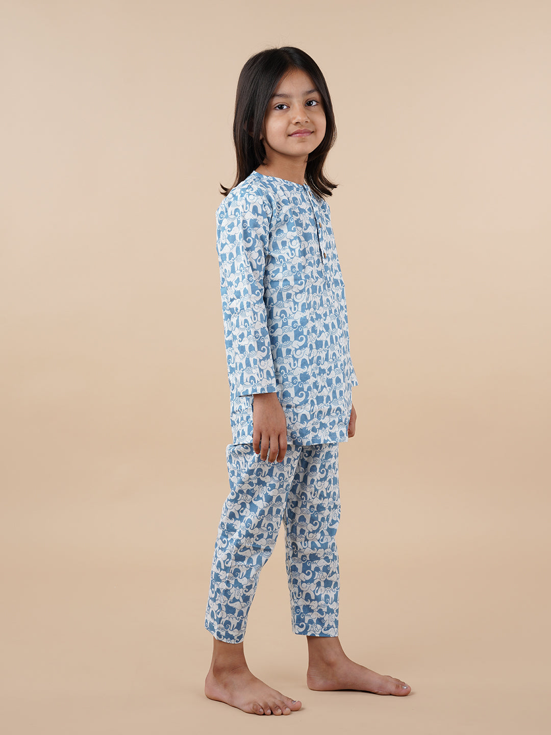 White and Blue Elephant Print Kids Cotton Kurta Pyjama Set