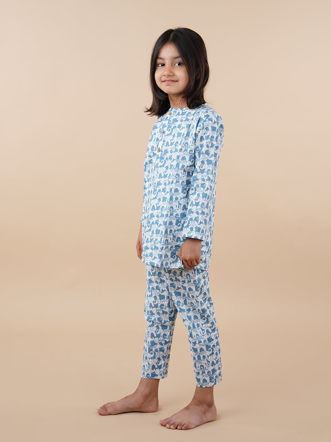 White and Blue Elephant Print Kids Cotton Kurta Pyjama Set