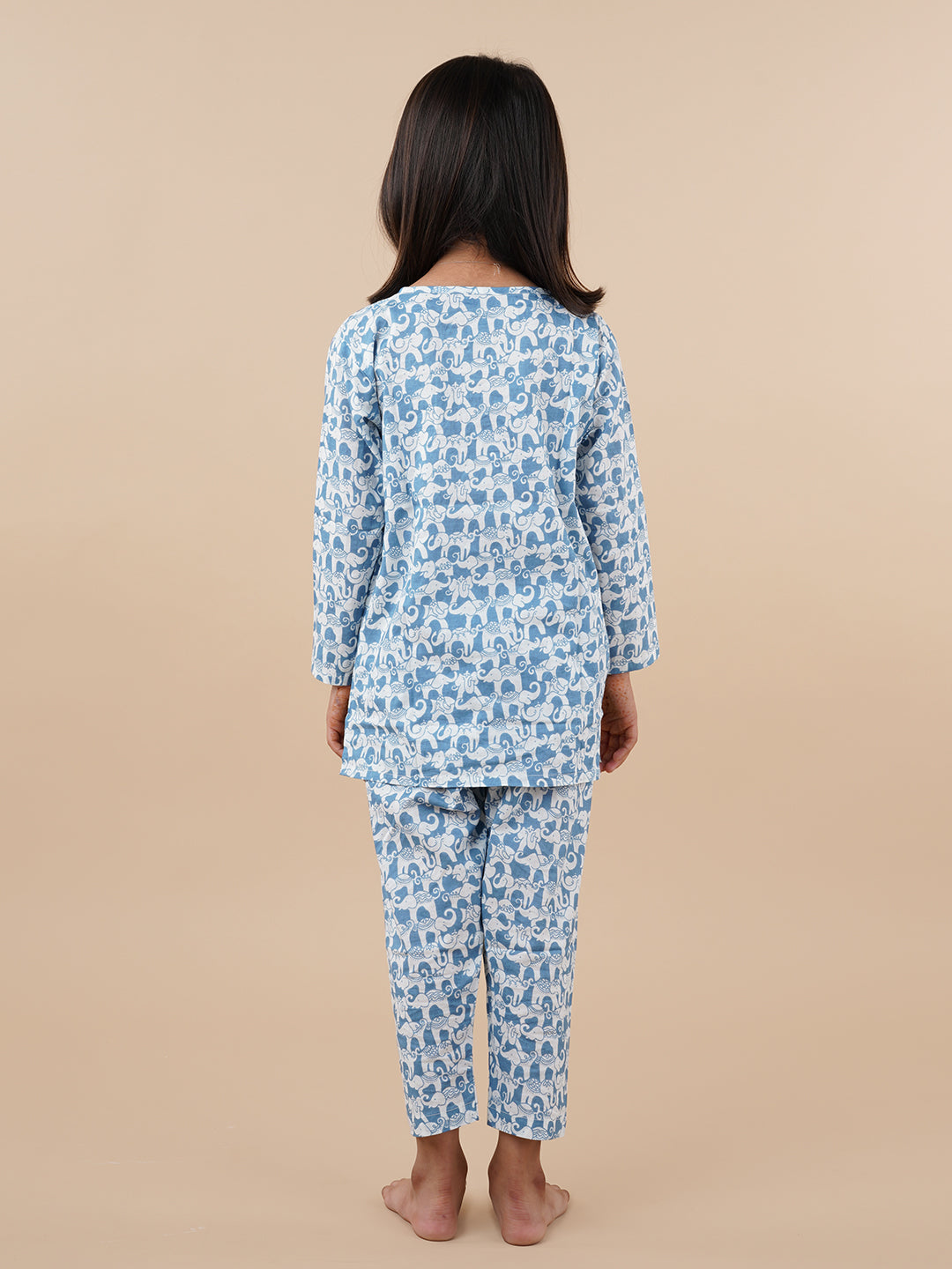 White and Blue Elephant Print Kids Cotton Kurta Pyjama Set