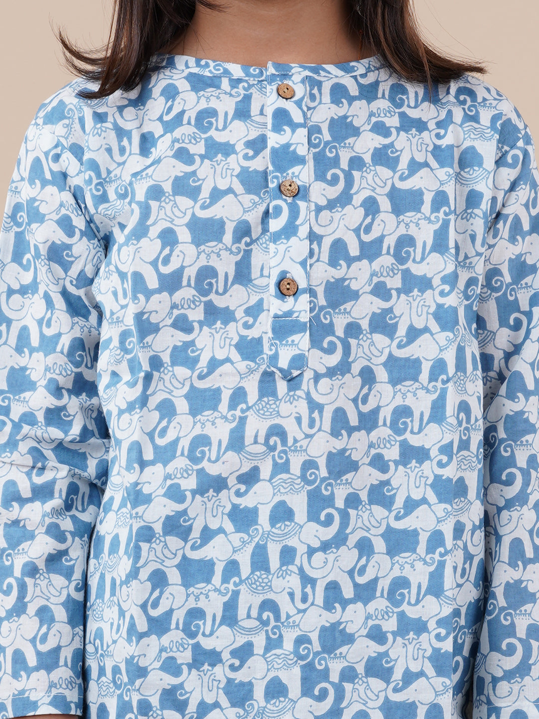 White and Blue Elephant Print Kids Cotton Kurta Pyjama Set