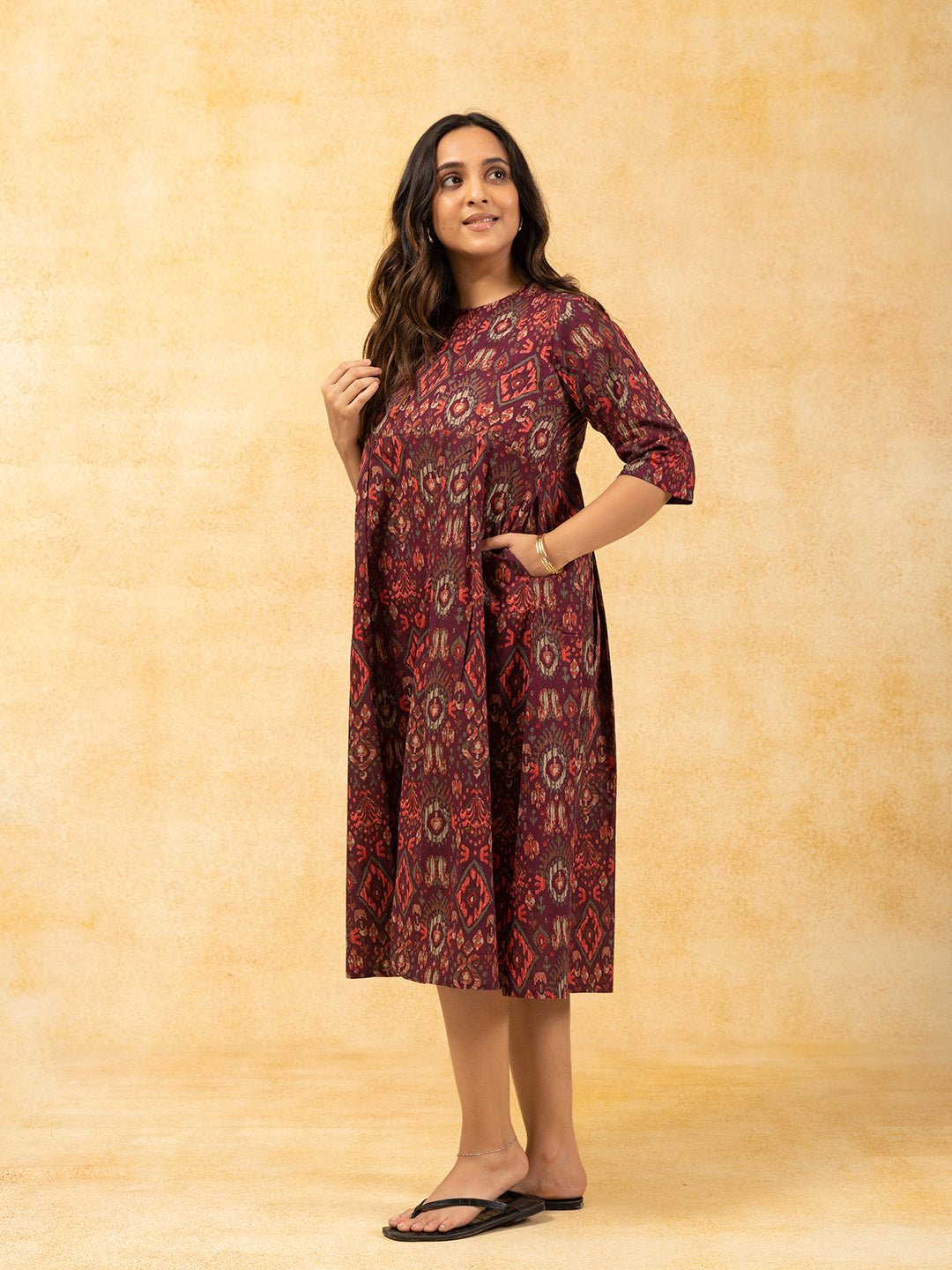 Wine Printed Flared Cotton Dress