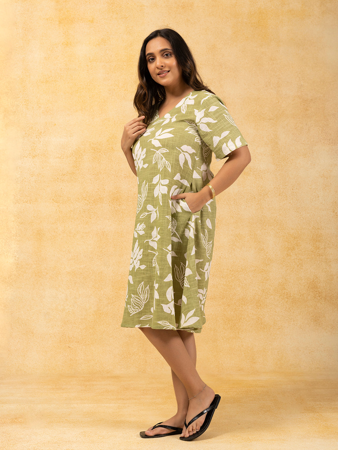 Sage Green Printed Short A-Line Cotton Dress